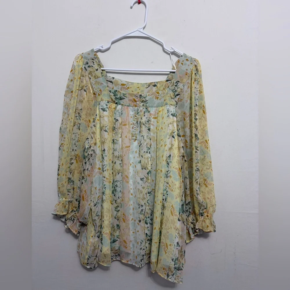 LC Lauren Conrad Floral Boho Blouse size XXL Sheer Long Sleeve Peasant Top(A465) - Picture 2 of 16
